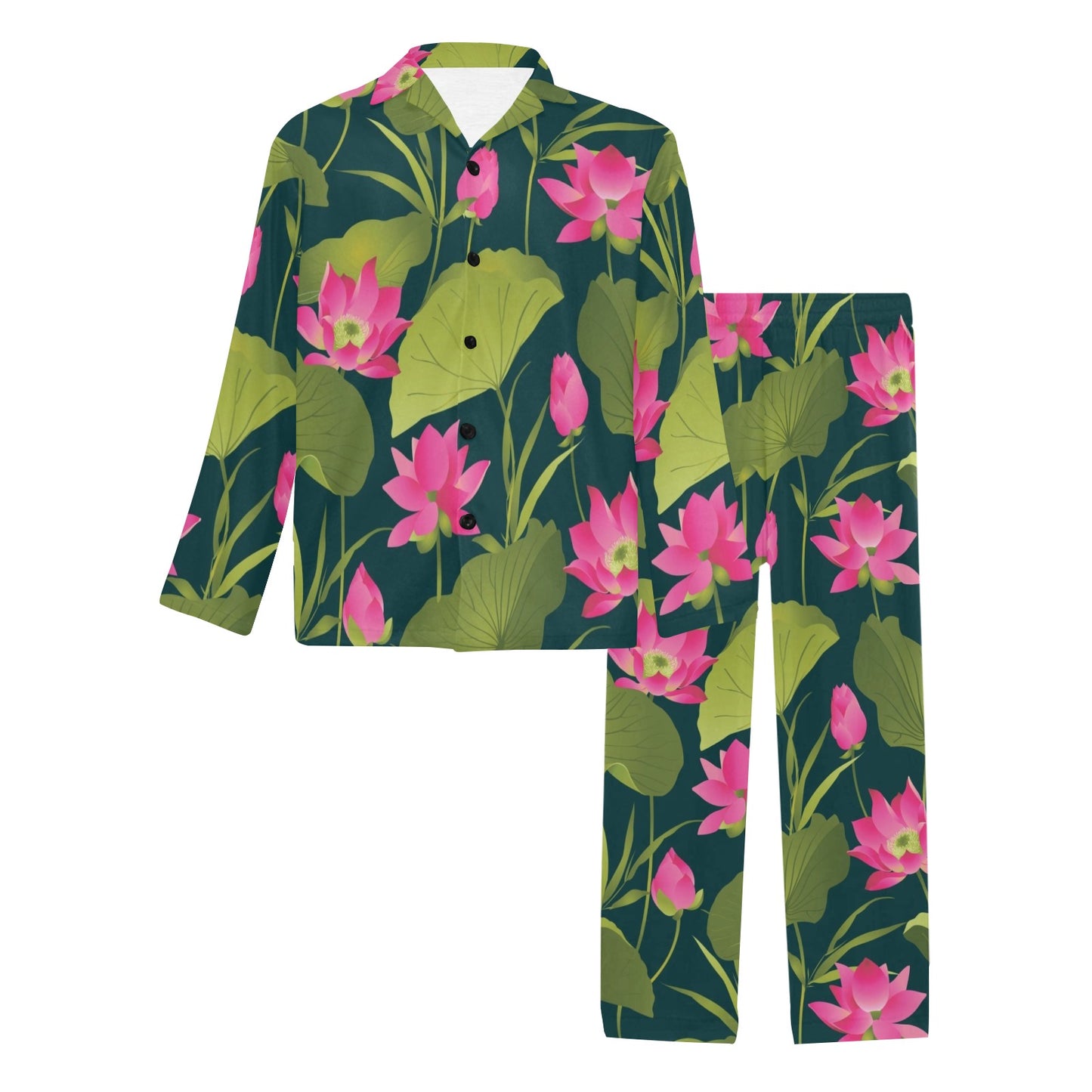 Water Lily Pattern Print Design WL09 Men's Long Pajama Set