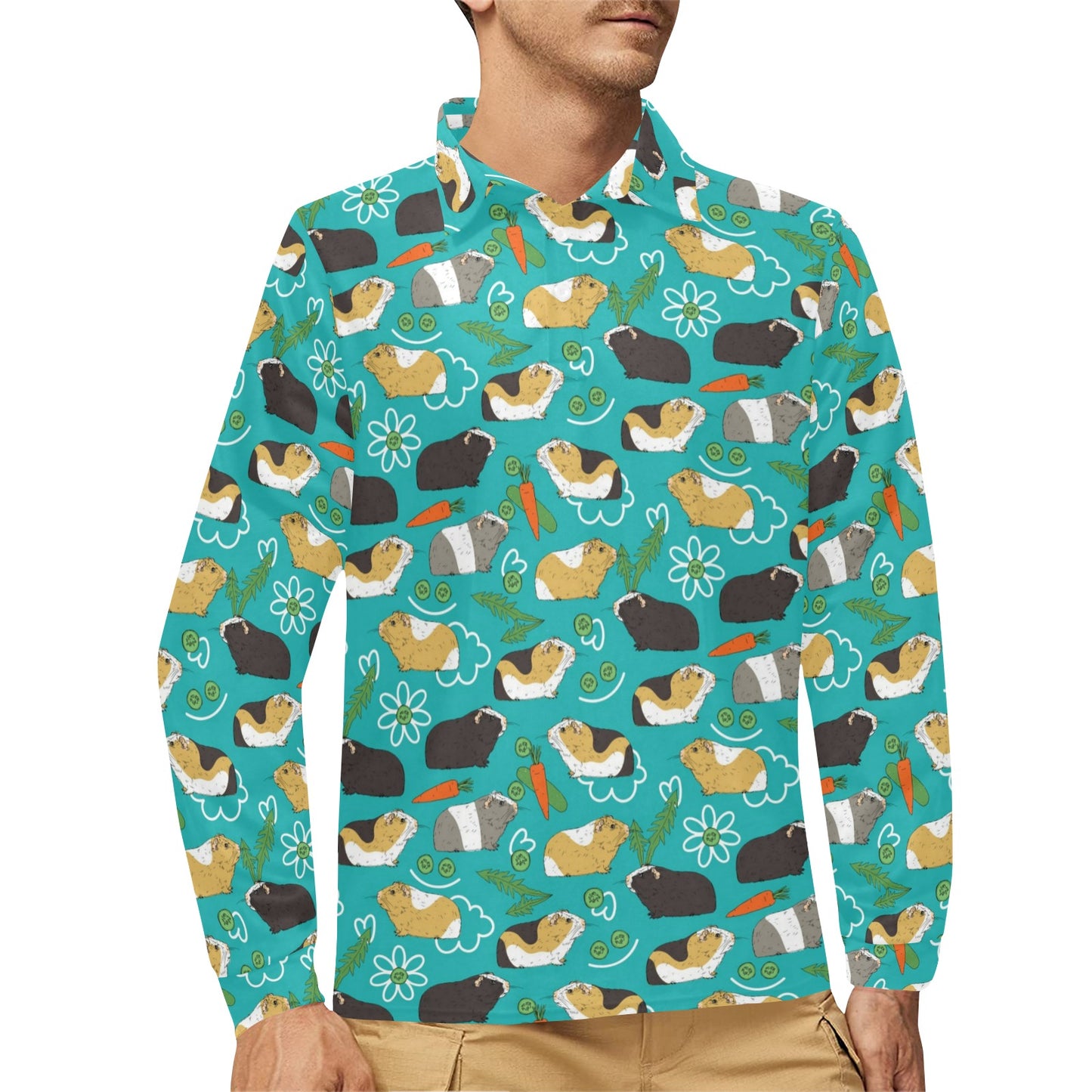 Guinea Pig Print Design LKS402 Long Sleeve Polo Shirt For Men's