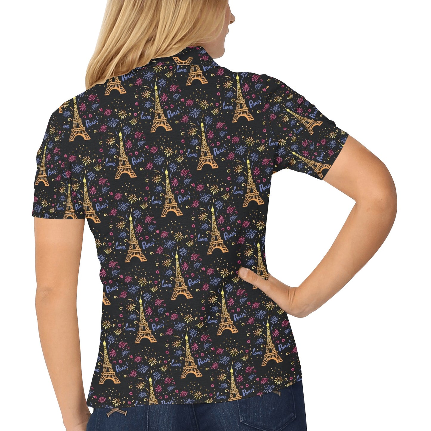 Eiffel Tower Love Paris Print Women's Polo Shirt