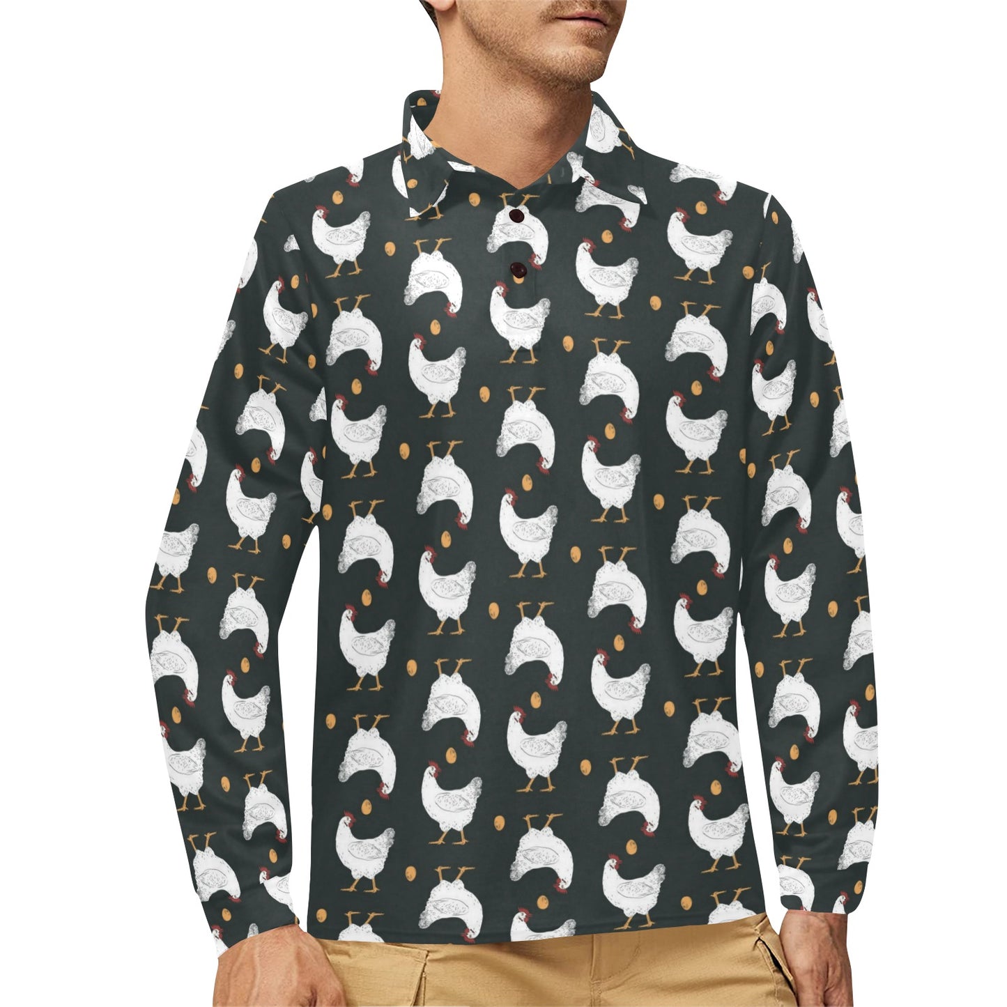 Chicken Pattern Print Design 06 Long Sleeve Polo Shirt For Men's
