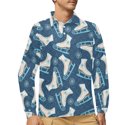 Ice Skate Pattern Print Design 01 Long Sleeve Polo Shirt For Men's