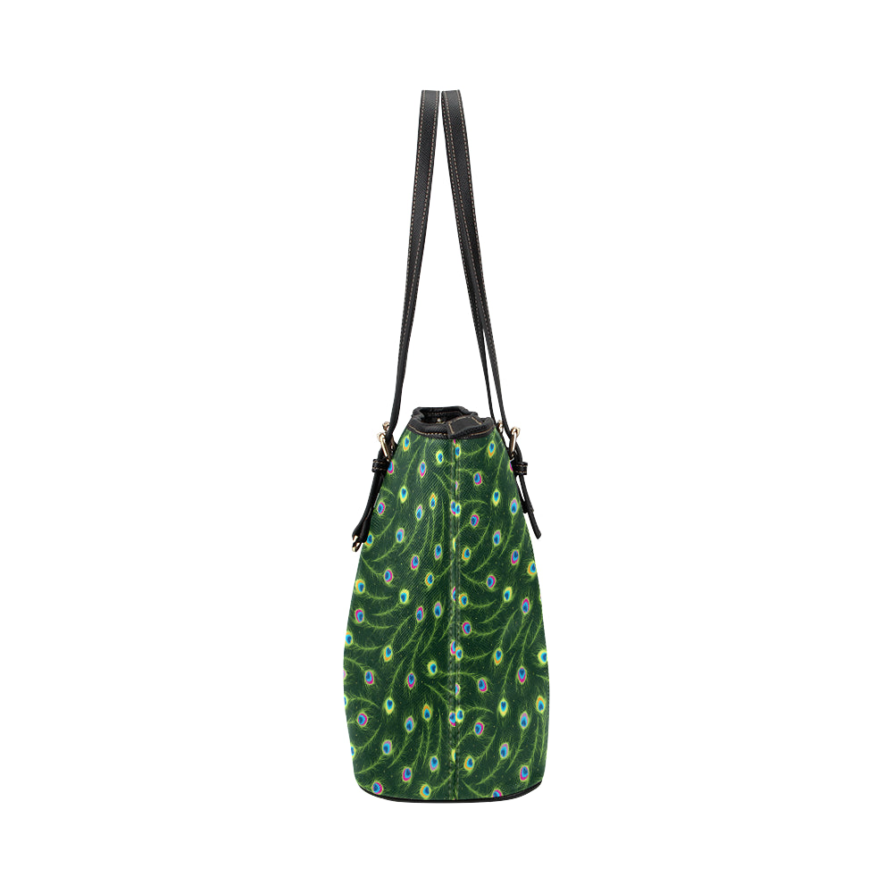 Peacock Feather Green Design Print Leather Tote Bag