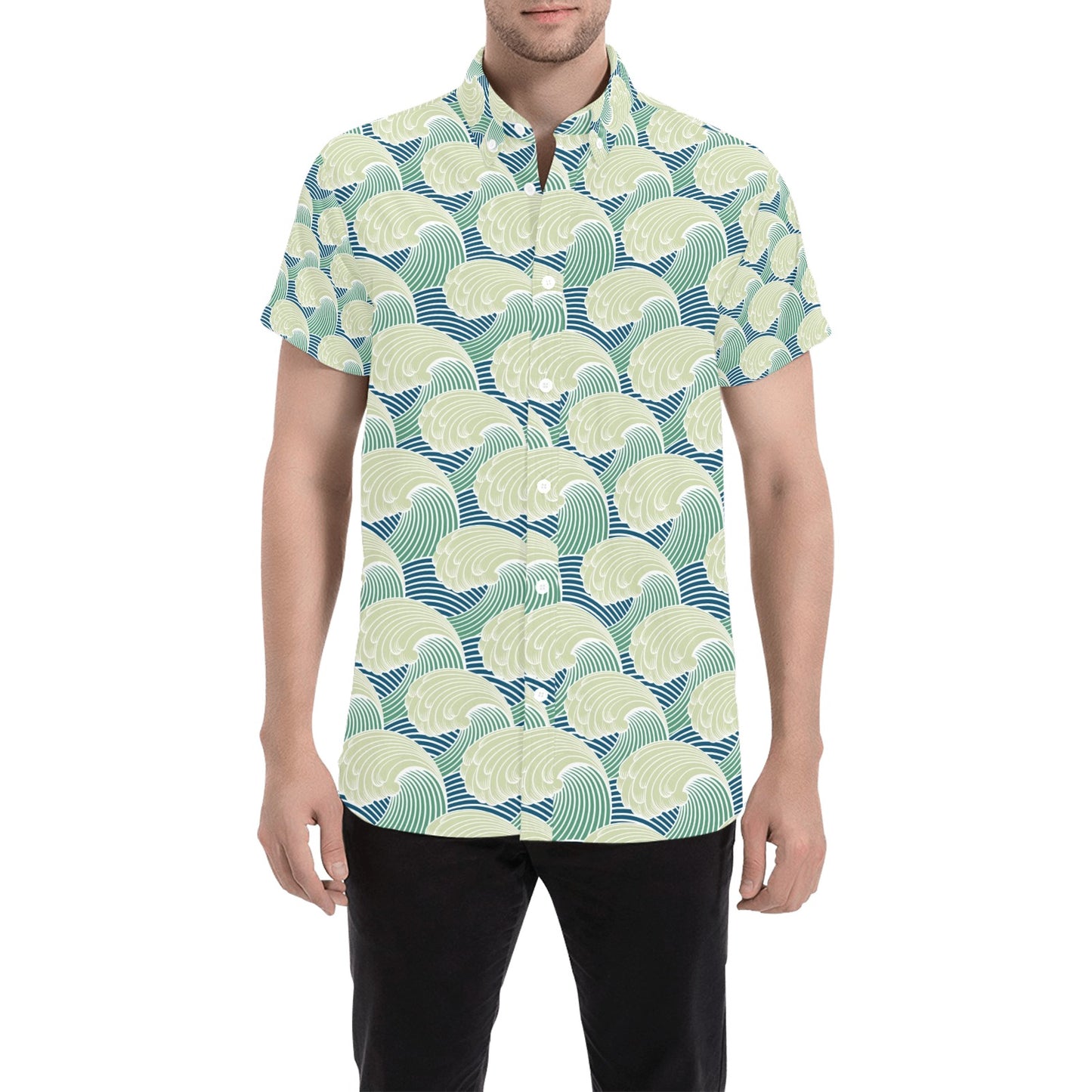 Wave Japan Style Print Design LKS302 Men Short Sleeve Button Up Shirt