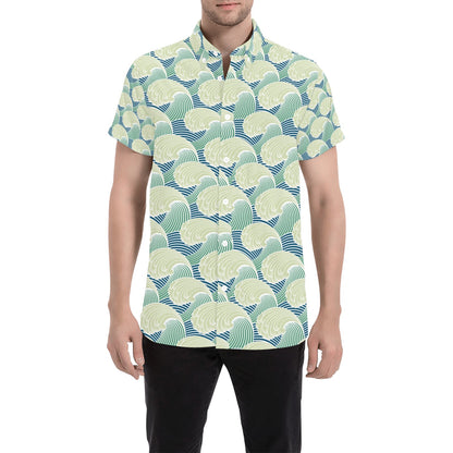 Wave Japan Style Print Design LKS302 Men Short Sleeve Button Up Shirt