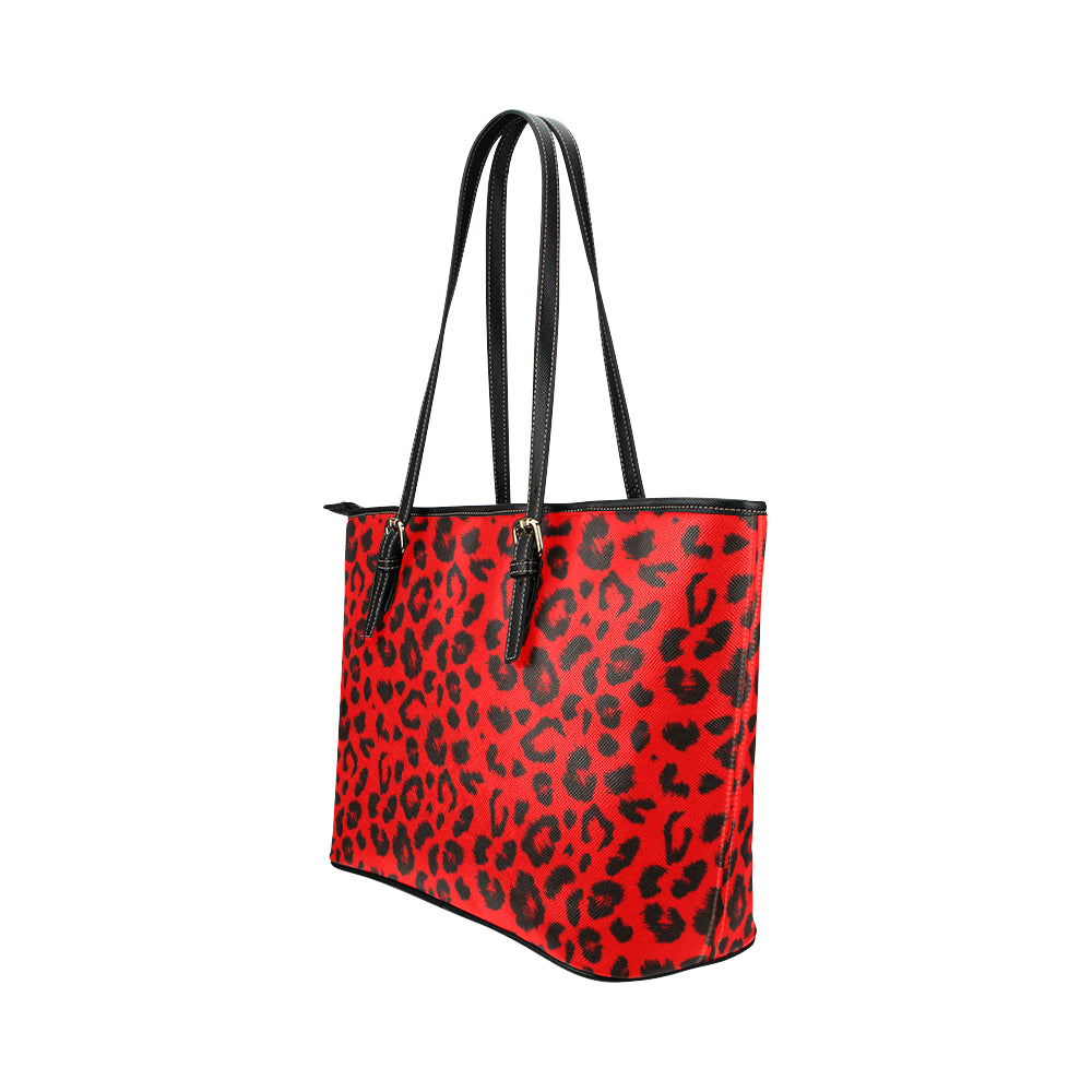 Leopard Red Skin Print Leather Tote Bag
