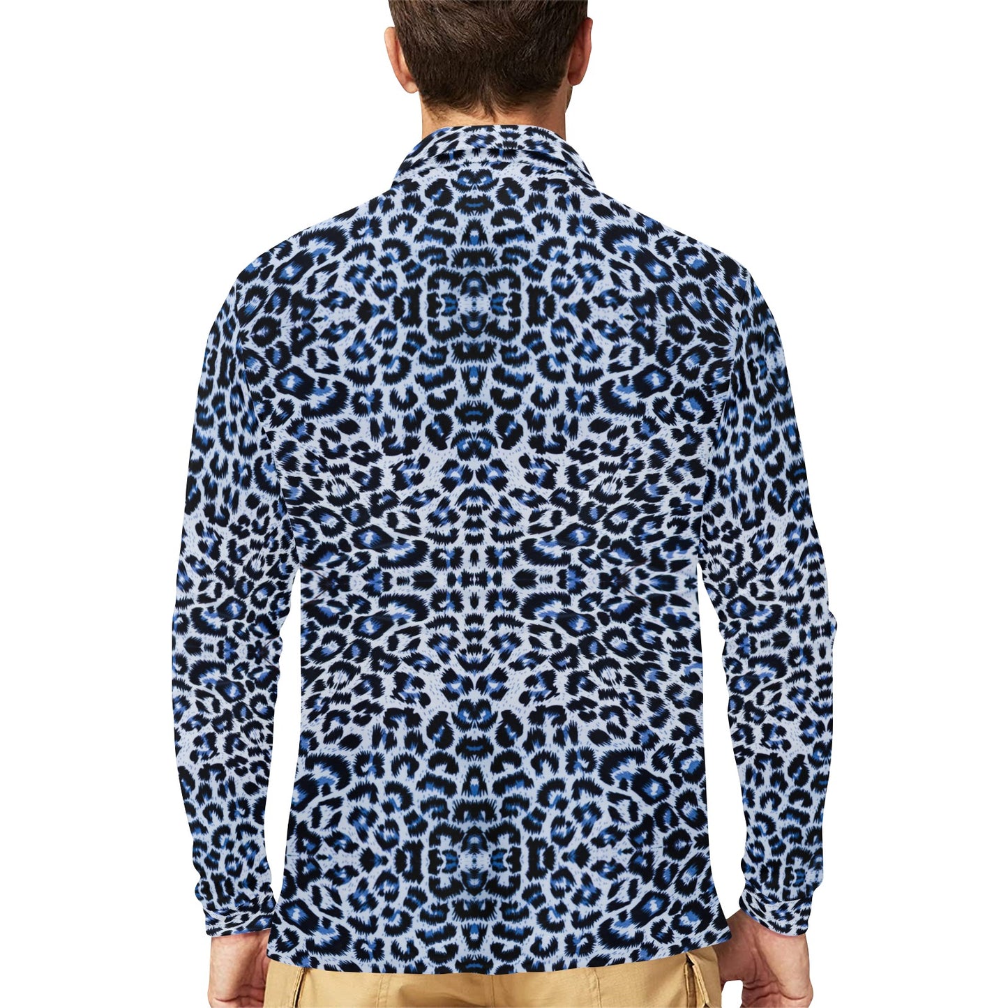 Leopard Blue Skin Print Long Sleeve Polo Shirt For Men's
