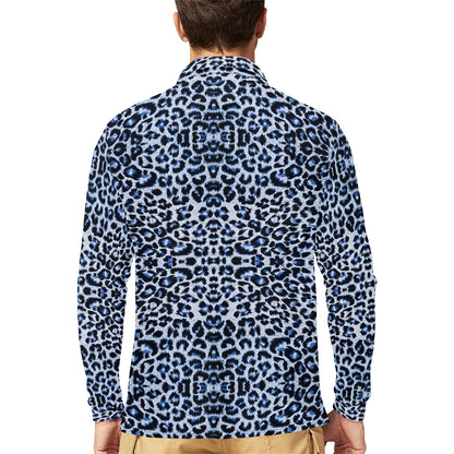 Leopard Blue Skin Print Long Sleeve Polo Shirt For Men's