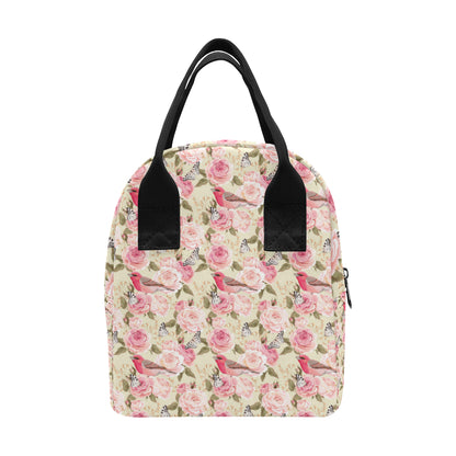 Bird Butterfly Pink Flower Print Pattern Insulated Lunch Bag