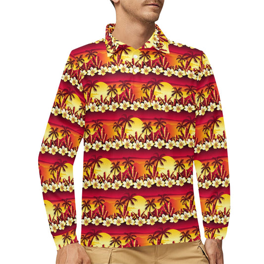 Hawaiian Tropical Sunset Hibiscus Print Long Sleeve Polo Shirt For Men's