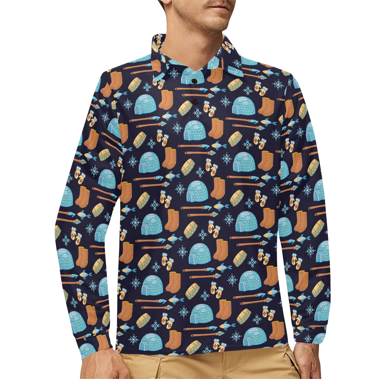 Eskimo Pattern Print Design 02 Long Sleeve Polo Shirt For Men's