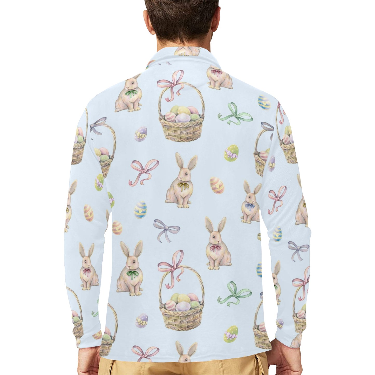 Rabbit Easter Eggs Pattern Print Design 03 Long Sleeve Polo Shirt For Men's
