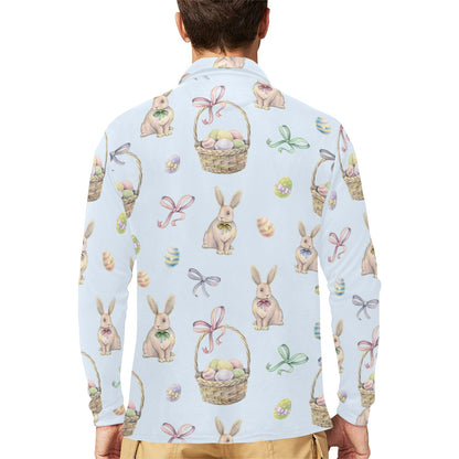 Rabbit Easter Eggs Pattern Print Design 03 Long Sleeve Polo Shirt For Men's