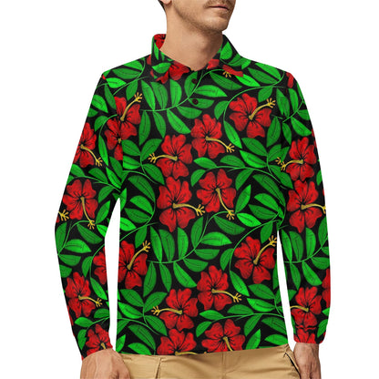 Red Hibiscus Embroidered Pattern Print Design HB032 Long Sleeve Polo Shirt For Men's