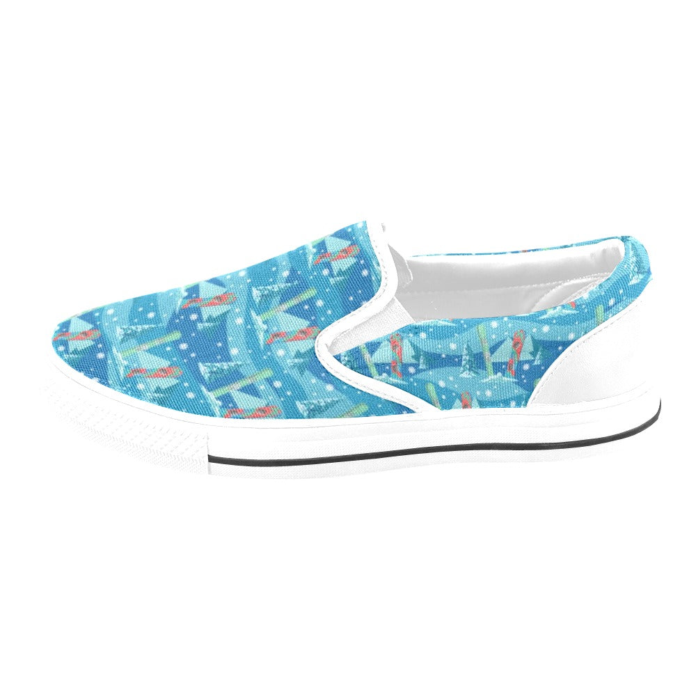 Snowboard Print Design LKS301 White Slip Ons Canvas Women's Shoes