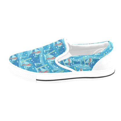 Snowboard Print Design LKS301 White Slip Ons Canvas Women's Shoes