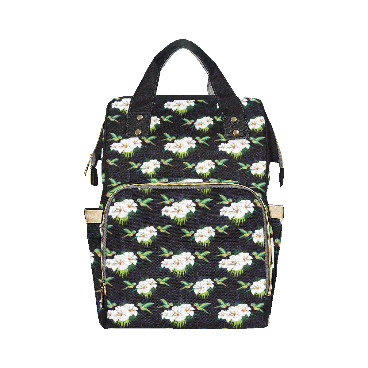 Hummingbird with Flower Pattern Print Design 03 Diaper Bag Backpack