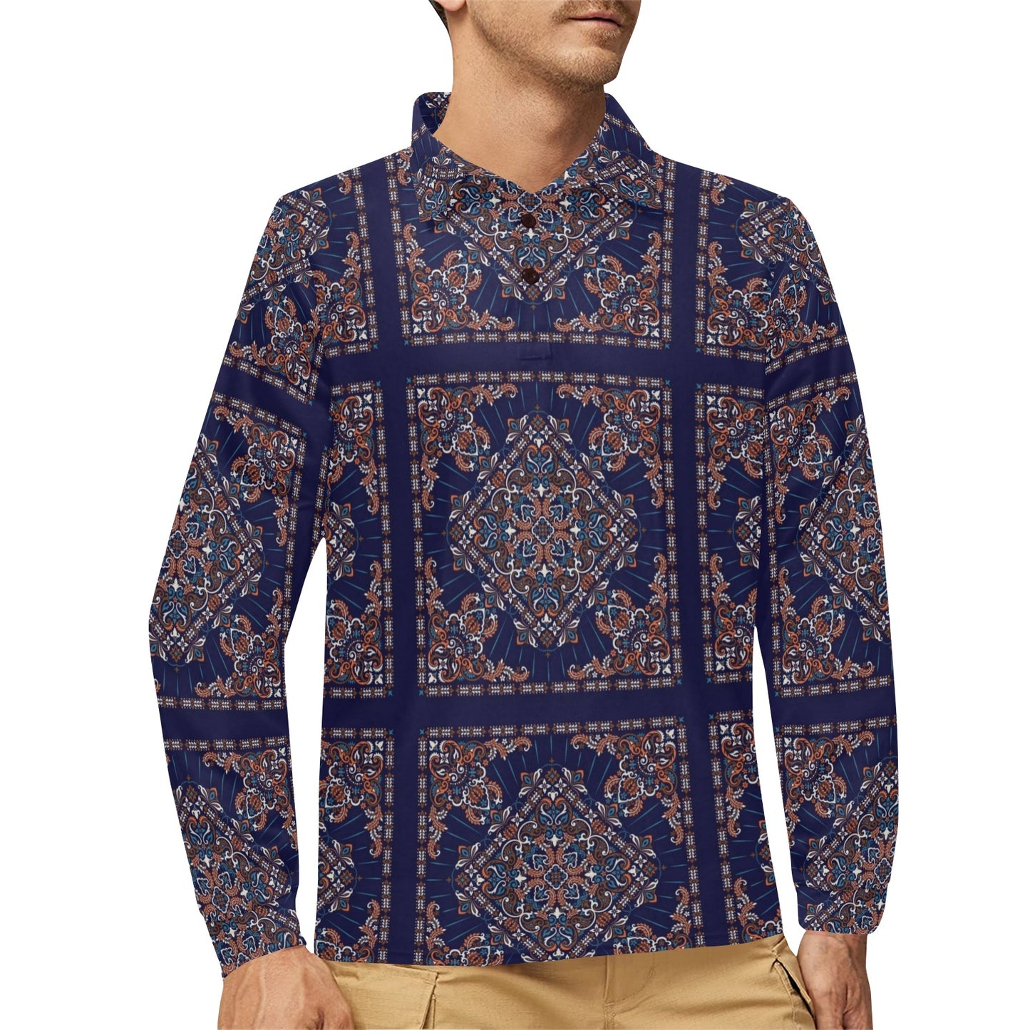 Bandana Print Design LKS3012 Long Sleeve Polo Shirt For Men's