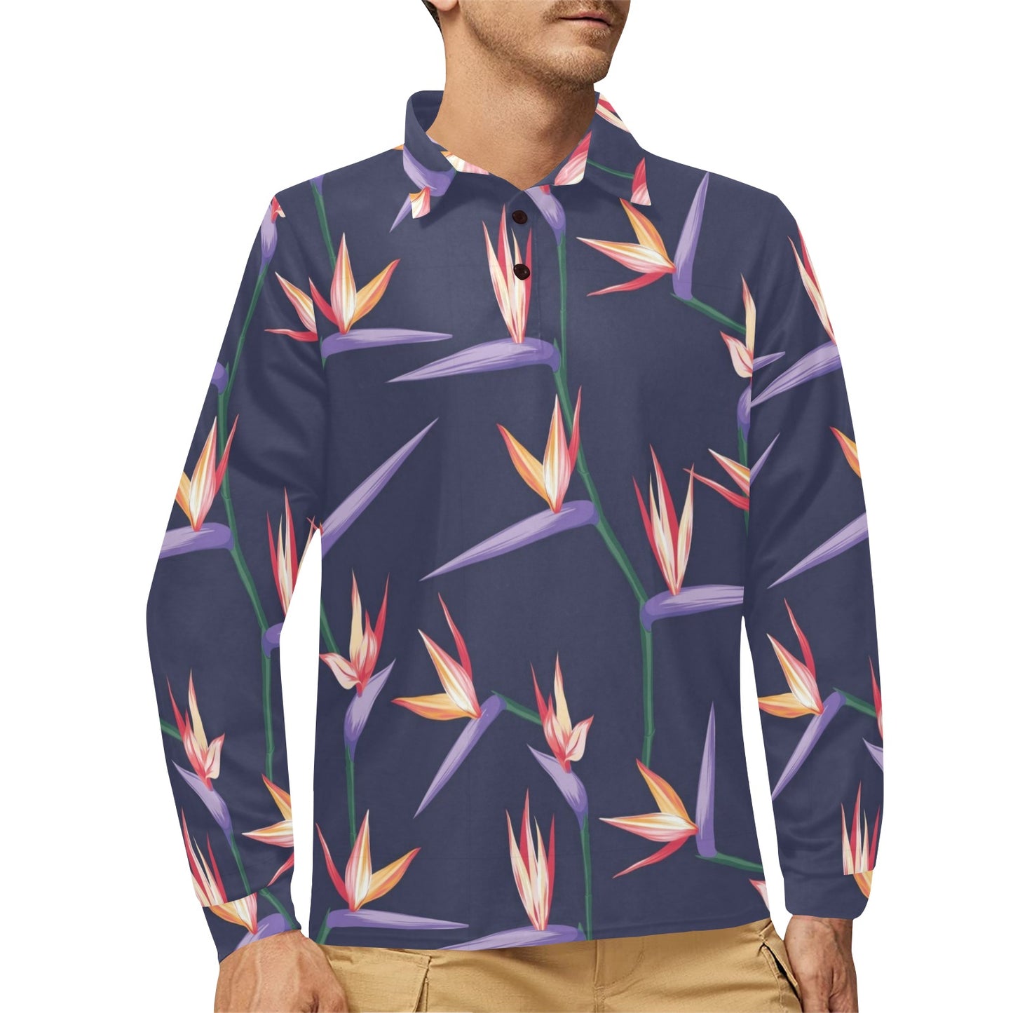 Bird Of Paradise Pattern Print Design BOP015 Long Sleeve Polo Shirt For Men's