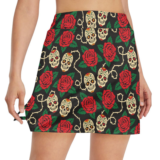 Sugar Skull Red Rose Print Design LKS301 17" Golf & Pickleball Skort with Pockets