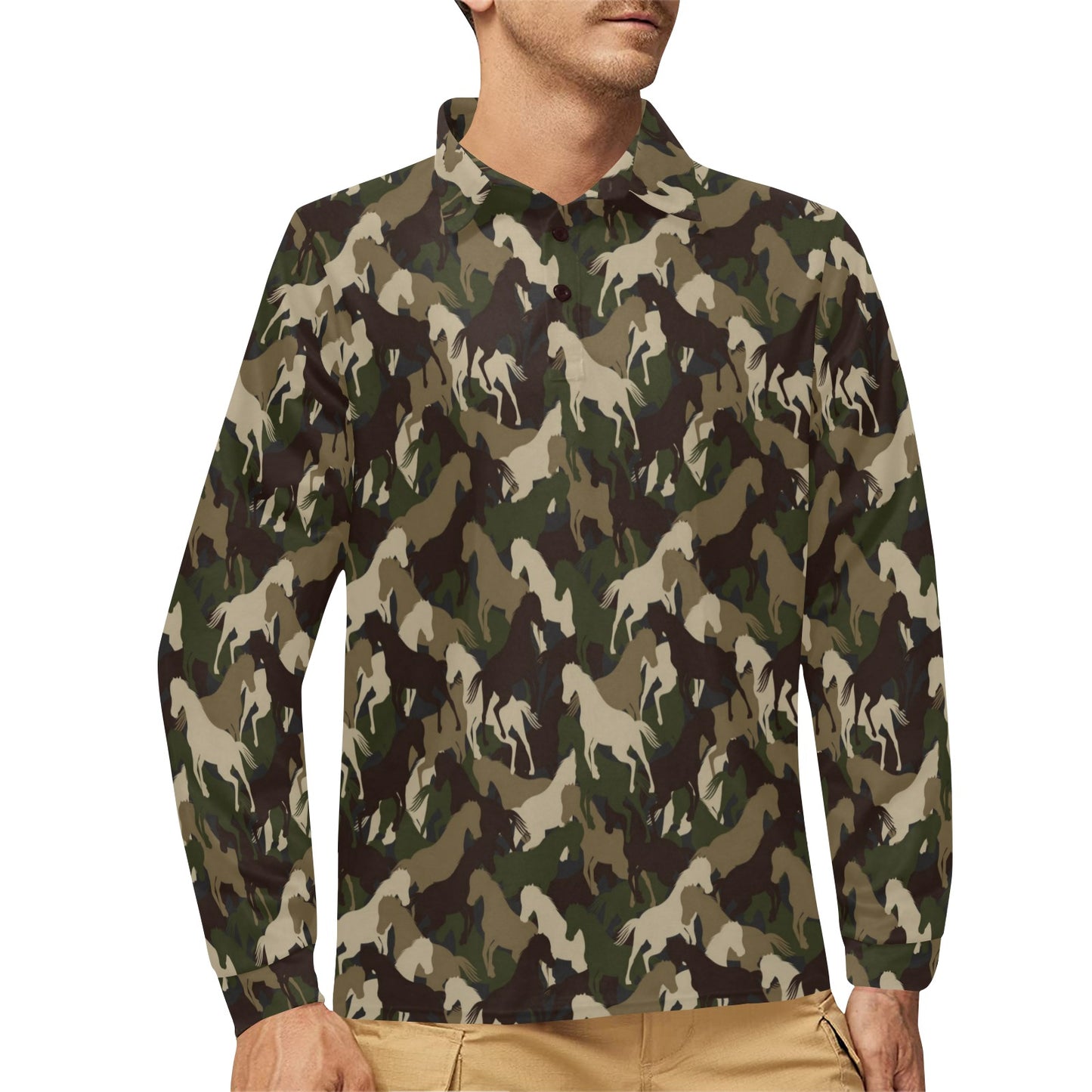 Horse Camo Themed Design Print Long Sleeve Polo Shirt For Men's