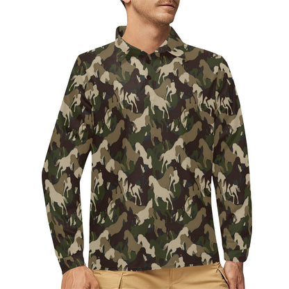 Horse Camo Themed Design Print Long Sleeve Polo Shirt For Men's