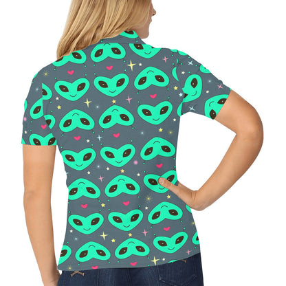 Alien Head Heart Pattern Print Design 03 Women's Polo Shirt
