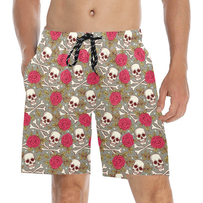 Skull Bone Rose Print Design LKS303 Men's Swim Trunks Beach Shorts