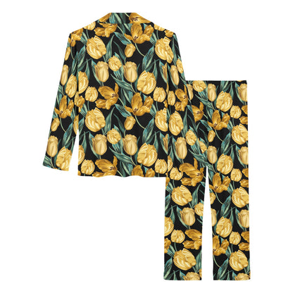 Elegant Yellow Tulip Print Women's Long Pajama Set