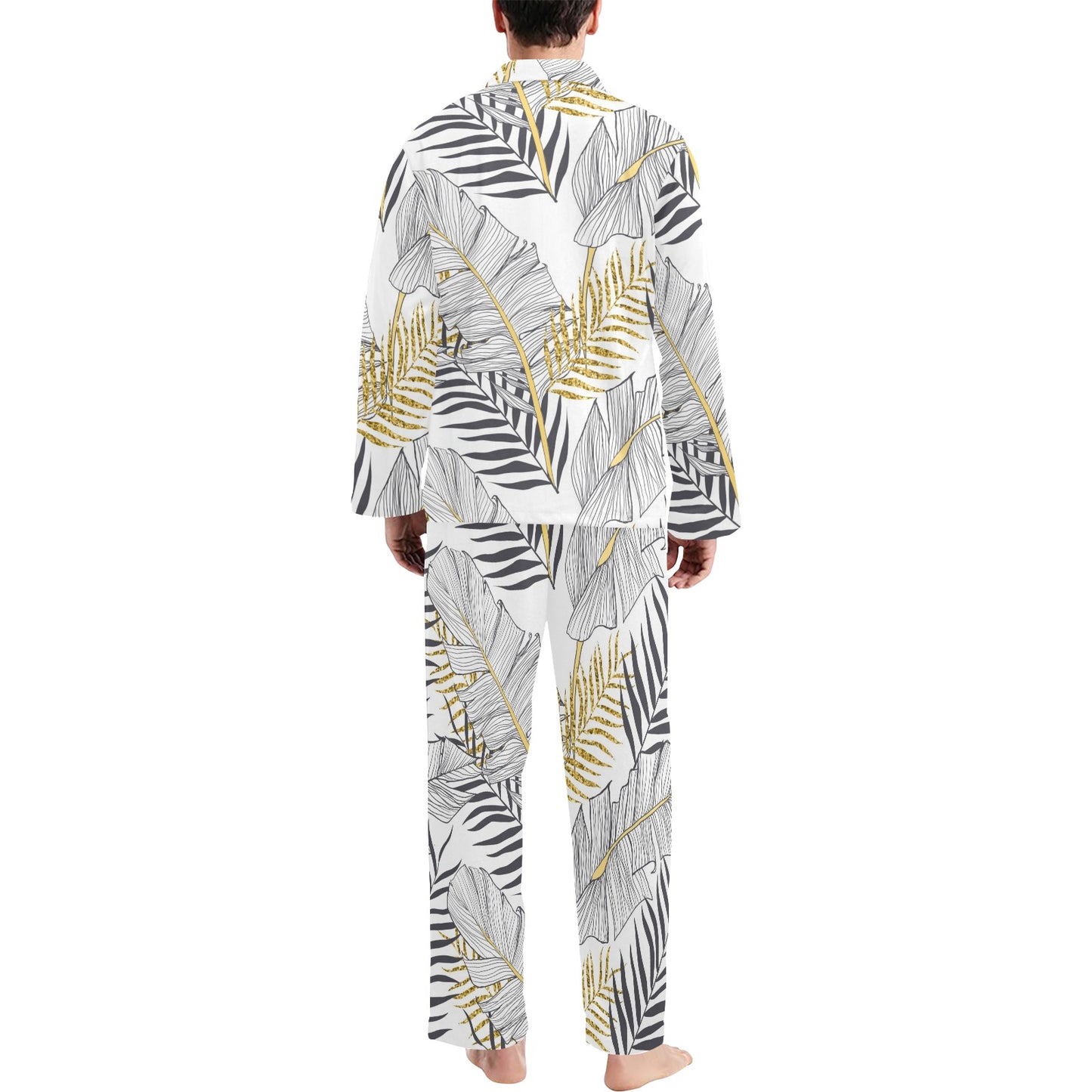 Gold Glitter Tropical Palm Leaves Men's Long Pajama Set