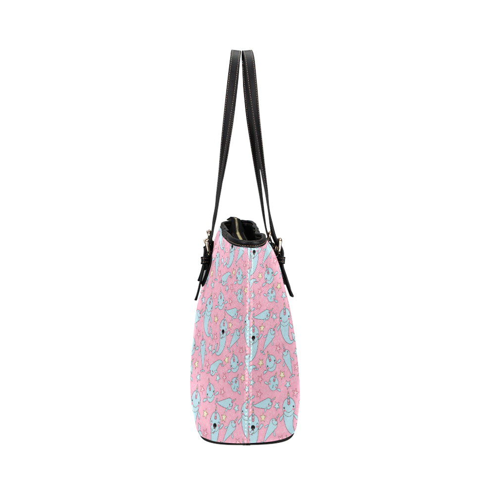 Narwhal Cartoon Cute Print Leather Tote Bag