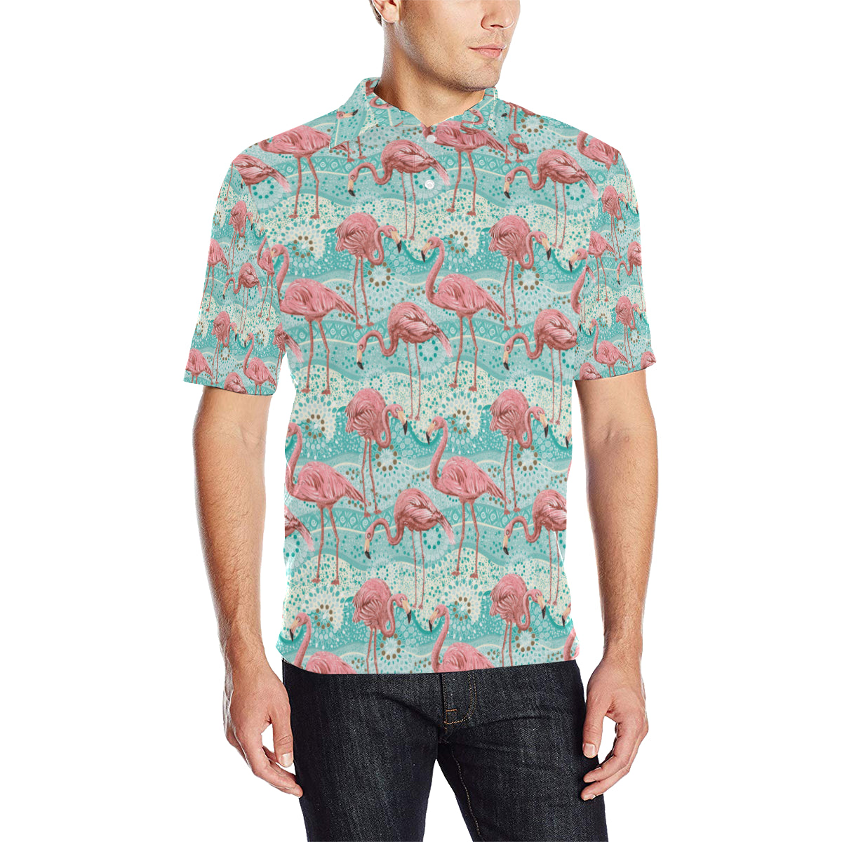 Flamingo Background Themed Print Men Polo Shirt
