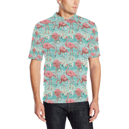 Flamingo Background Themed Print Men Polo Shirt