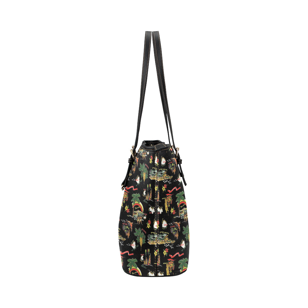 Hawaiian Island Themed Print Leather Tote Bag