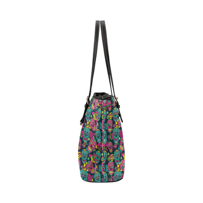 Sugar Skull Floral Design Themed Print Leather Tote Bag