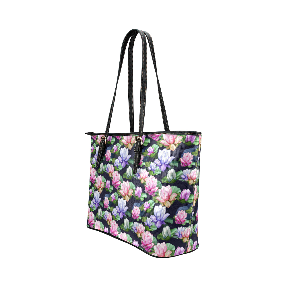 Lotus Flower Print Design Leather Tote Bag