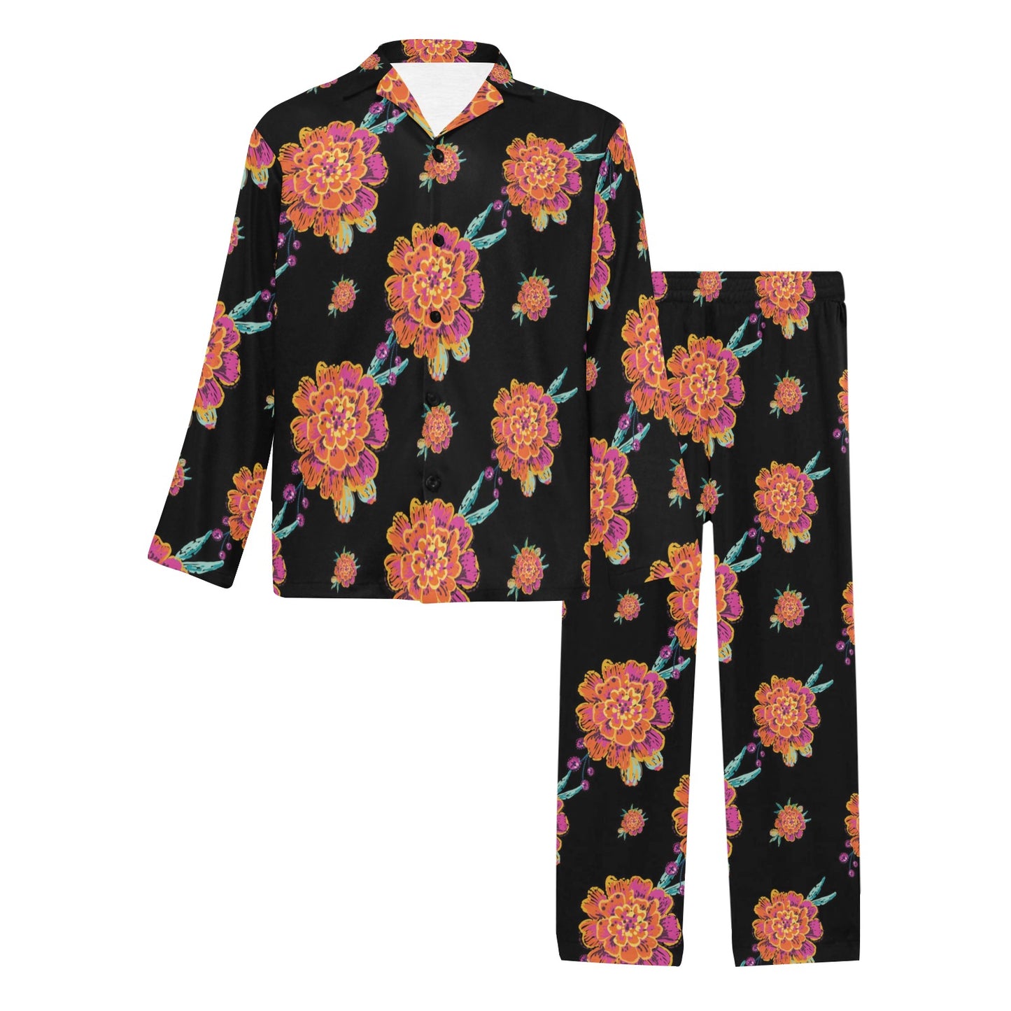 Marigold Pattern Print Design 01 Men's Long Pajama Set
