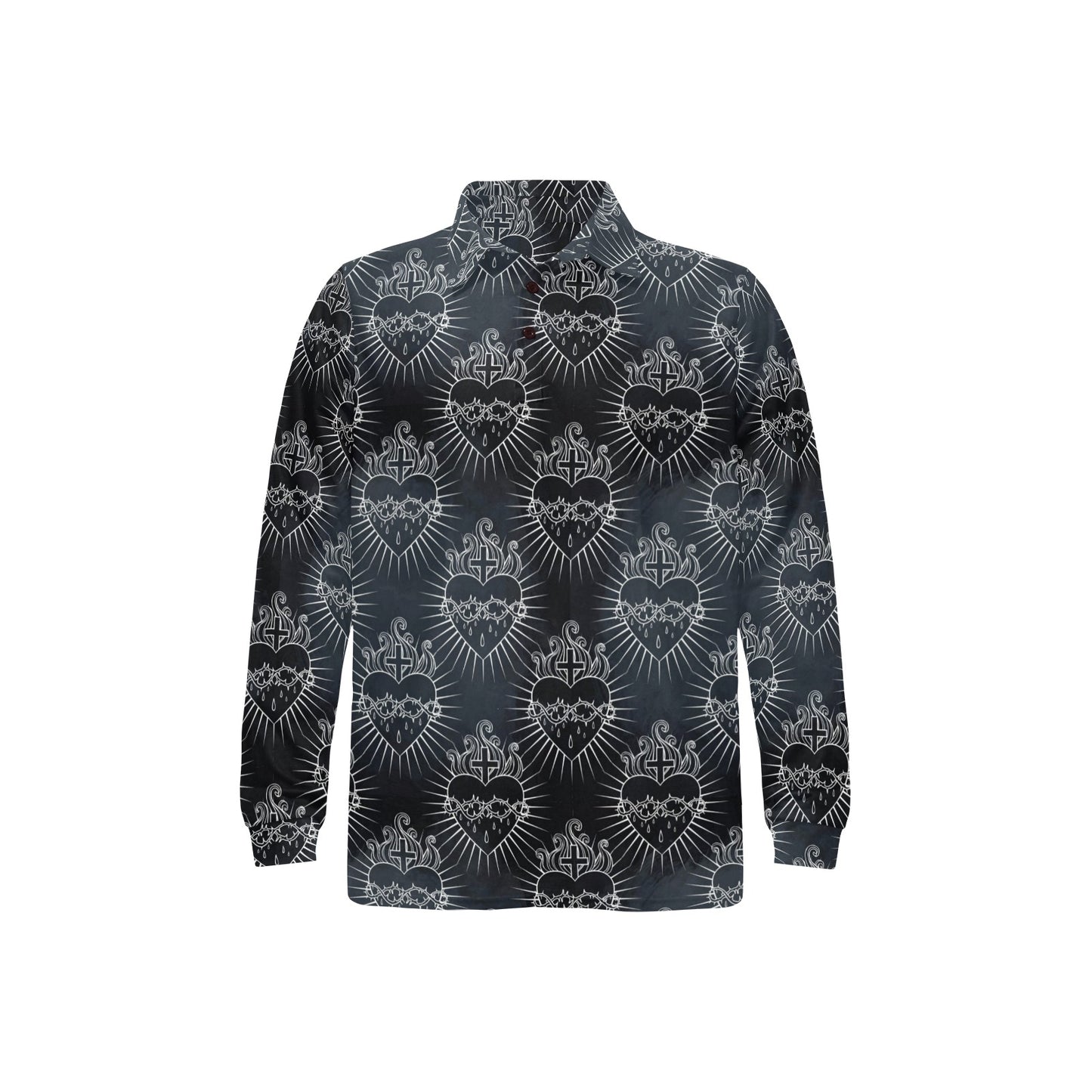 Christian Heart Tattoo Style Long Sleeve Polo Shirt For Men's