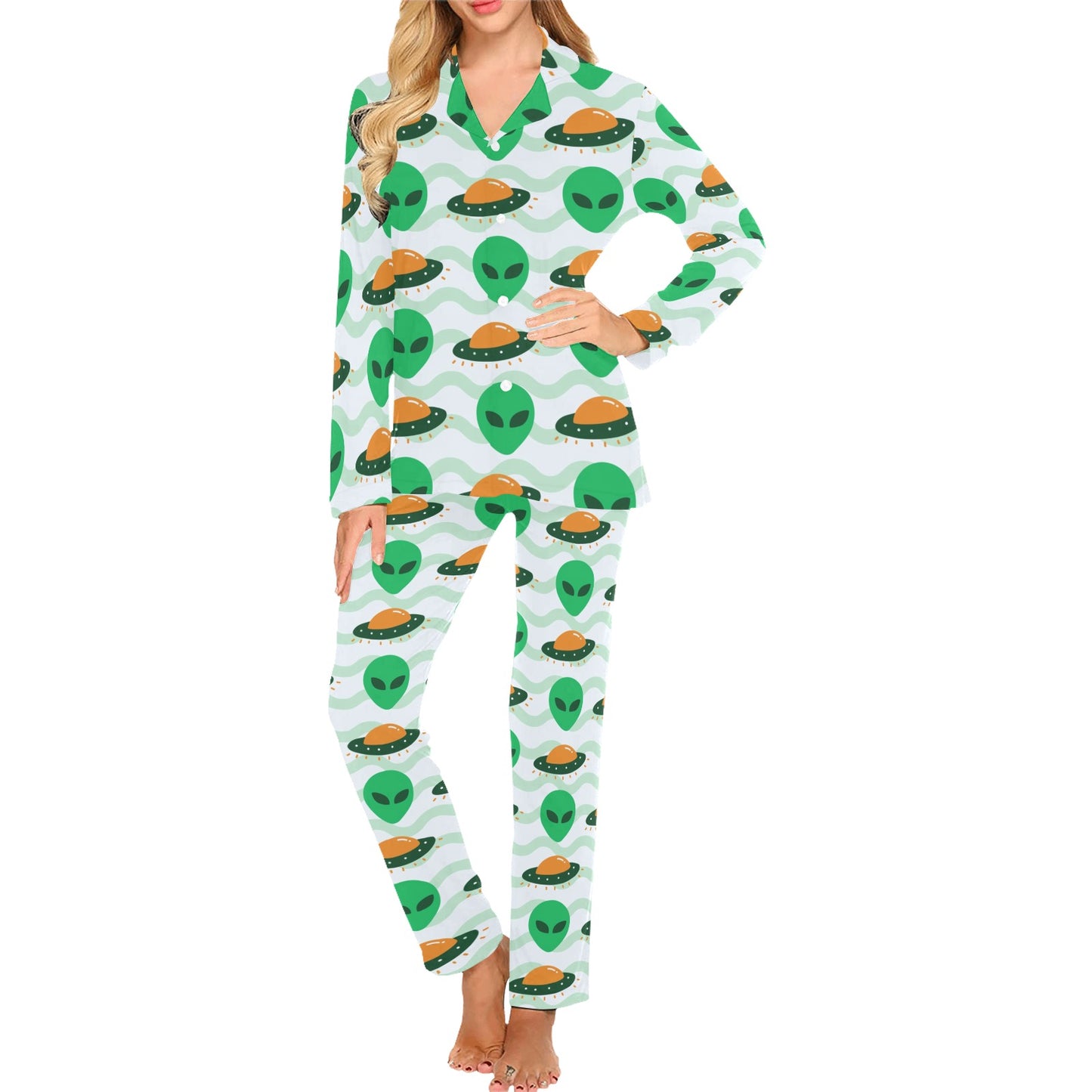 Alien UFO Pattern Print Design 04 Women's Long Pajama Set