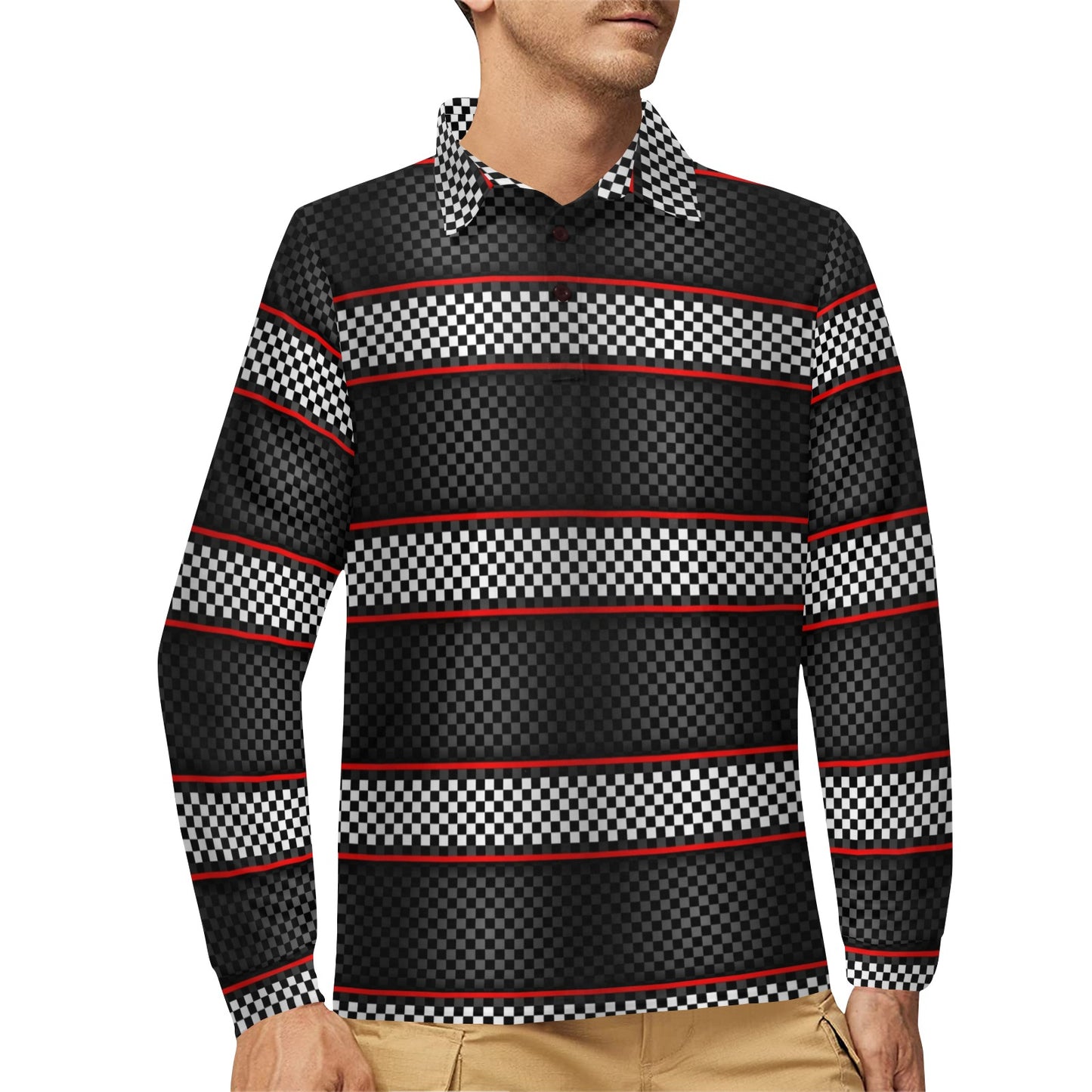 Checkered Flag Red Line Style Long Sleeve Polo Shirt For Men's