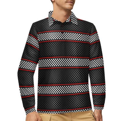 Checkered Flag Red Line Style Long Sleeve Polo Shirt For Men's