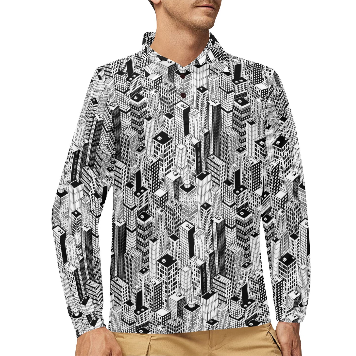 City  Pattern Print Design 02 Long Sleeve Polo Shirt For Men's