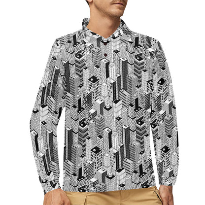 City  Pattern Print Design 02 Long Sleeve Polo Shirt For Men's