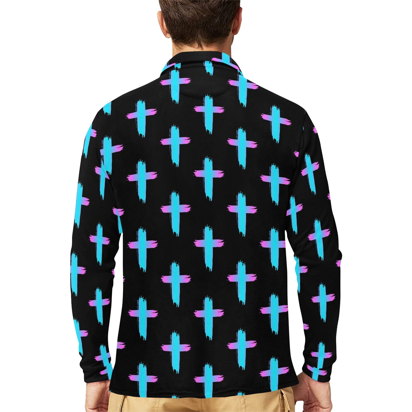 Christian Cross neon Pattern Long Sleeve Polo Shirt For Men's