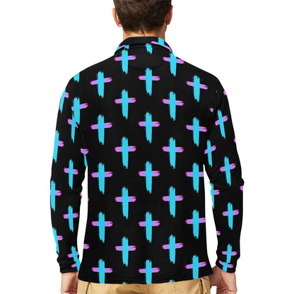Christian Cross neon Pattern Long Sleeve Polo Shirt For Men's