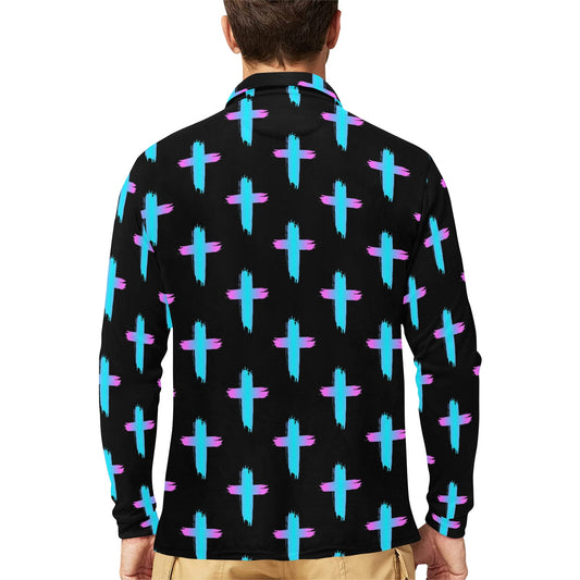 Christian Cross neon Pattern Long Sleeve Polo Shirt For Men's