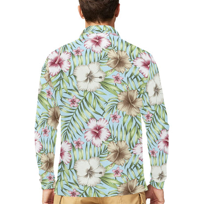 Tropical Flower Pattern Print Design TF05 Long Sleeve Polo Shirt For Men's