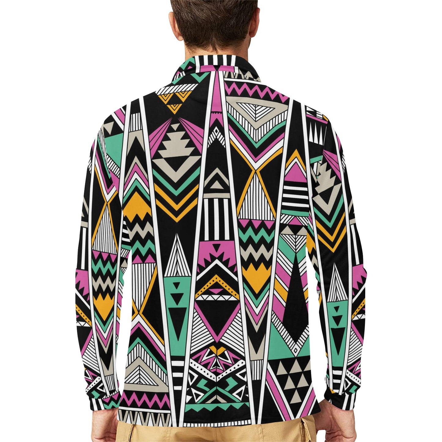 Tribal Aztec Triangle Long Sleeve Polo Shirt For Men's