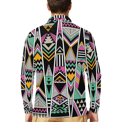Tribal Aztec Triangle Long Sleeve Polo Shirt For Men's