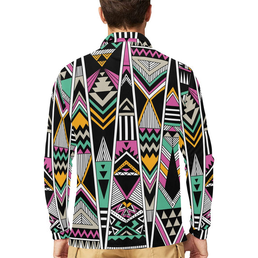 Tribal Aztec Triangle Long Sleeve Polo Shirt For Men's