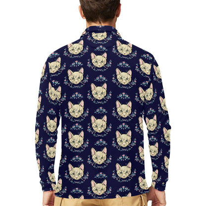 Cat Head with flower Print Pattern Long Sleeve Polo Shirt For Men's